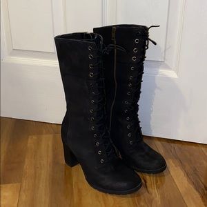 Timberland Knee High Lace Up Black High Heel Boots